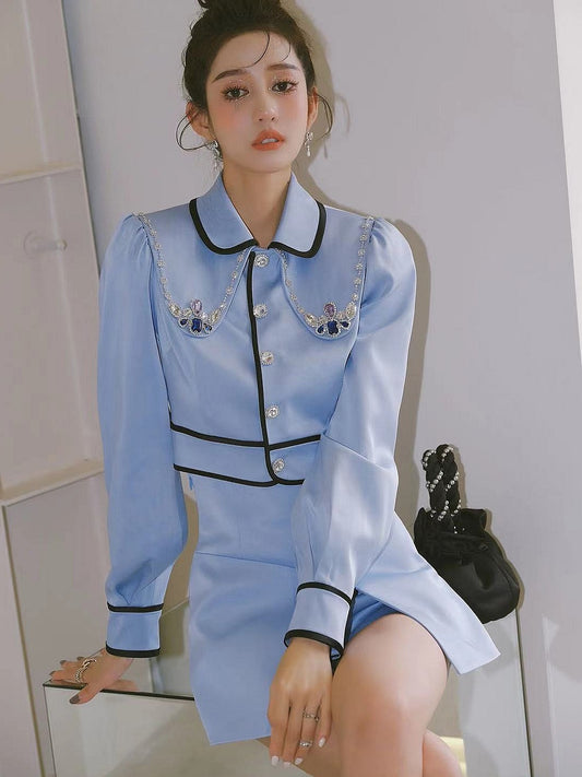 Temperament Blue Doll Collar Diamond Jacket Women''s Summer