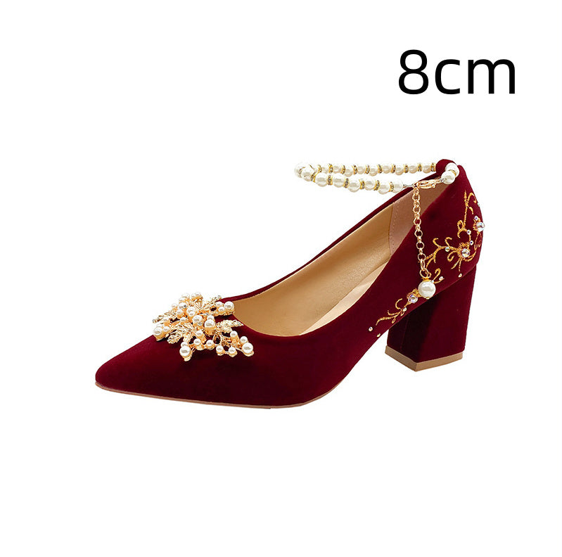 Wine Red Pointed Toe Chunky Heel Wedding Shoes For Women
