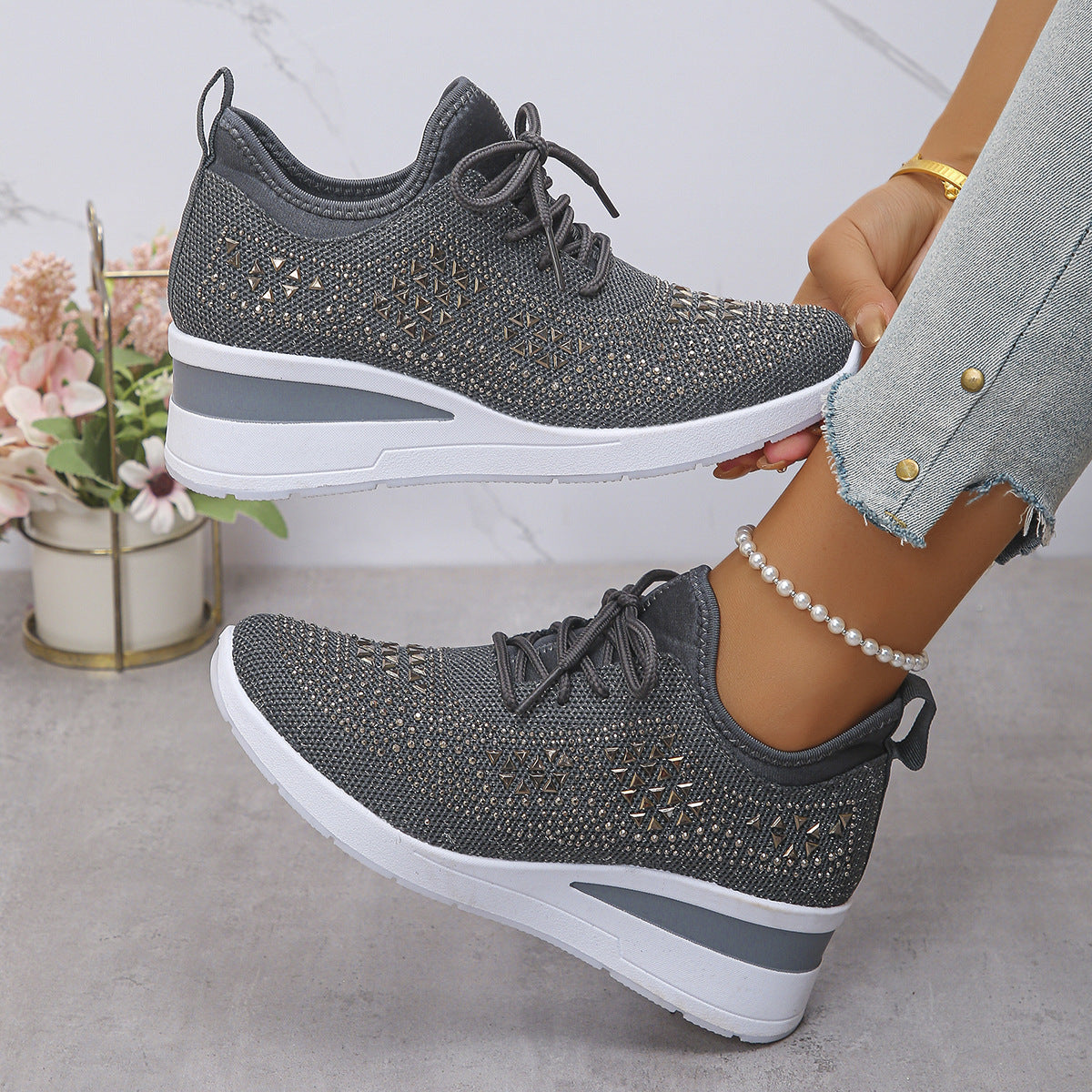 Rhinestone Lace Up Fashion Style Daily Commuter Women's Casual Shoes