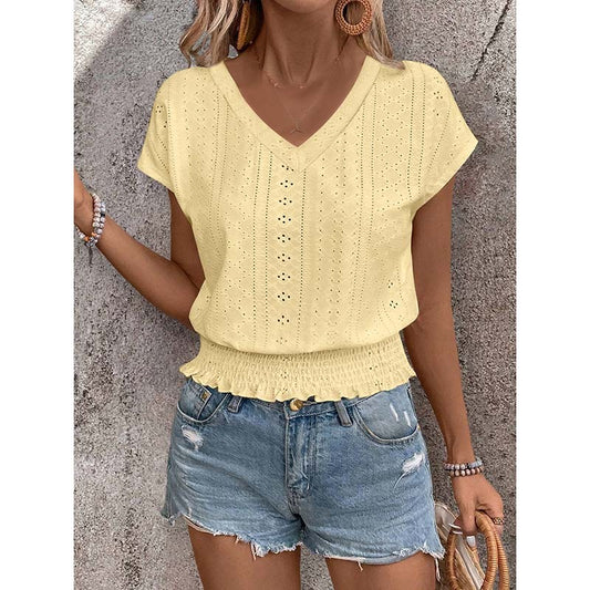 Women Summer Eyelet Top Casual V Neck Short Sleeve Smocked Shirts Loose Tunic Tops Blouses