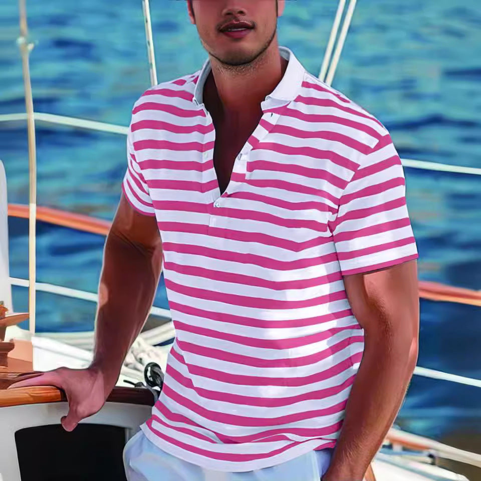 Men's Short-sleeve Polo Shirt Striped Casual Top