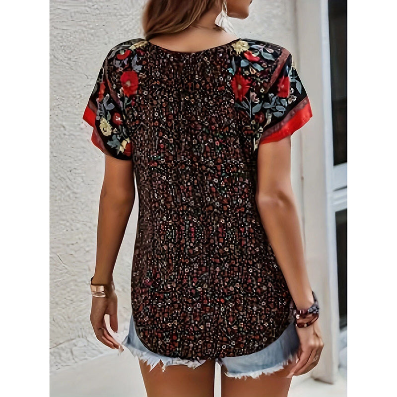 Women's Casual Short Sleeve Shirts Summer Boho Printed V Neck Drawstring Tunic Blouses