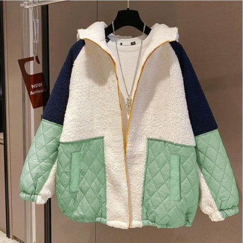 Loose Lamb Wool Women's Stitching Contrast Color Fleece Padded Coat