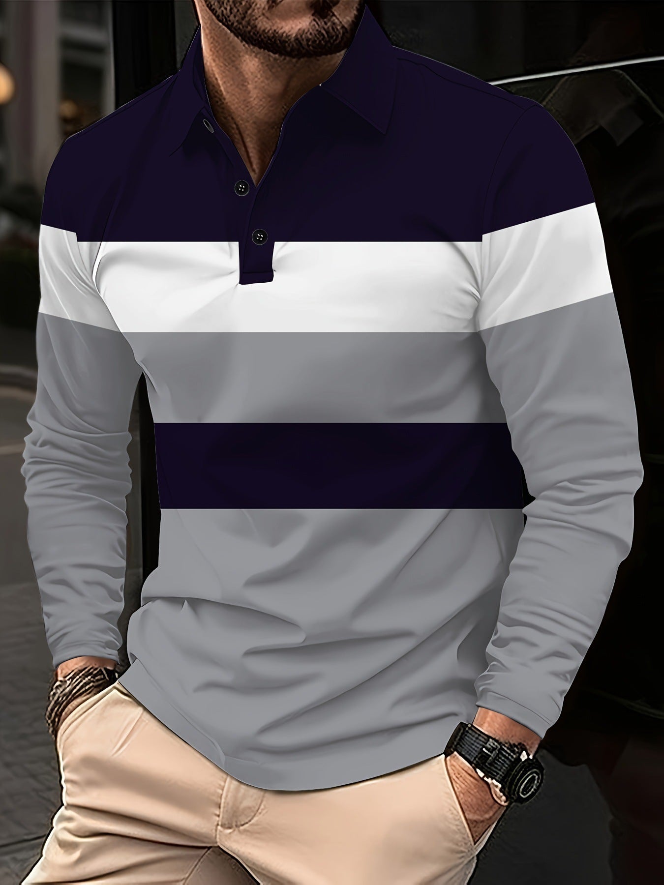 Men's Button Casual Slim Lapel 3D Printed Long Sleeve