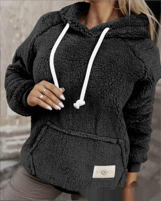 Female Creative Cartoon Printed Hood Lamb Wool Sweatshirt